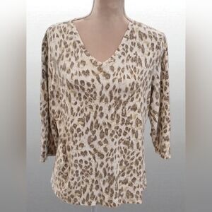 Chicos Tan Brown White Leapard Animal Print 3/4 Sleeves Vneck Tshirt Size Large
